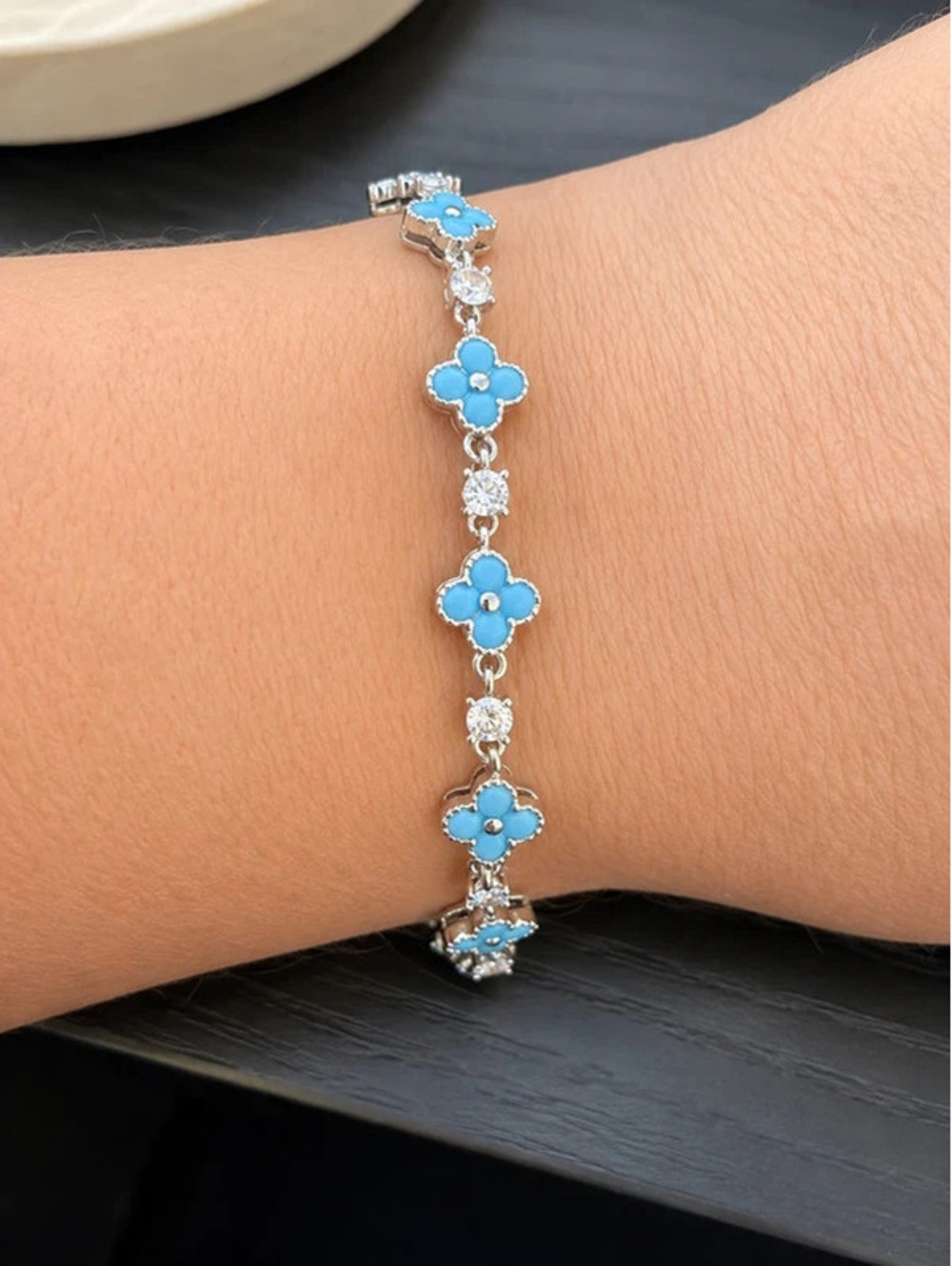 Blue Clover Crystal Link Bracelet Silver Tone Floral Charm Tennis Bracelet